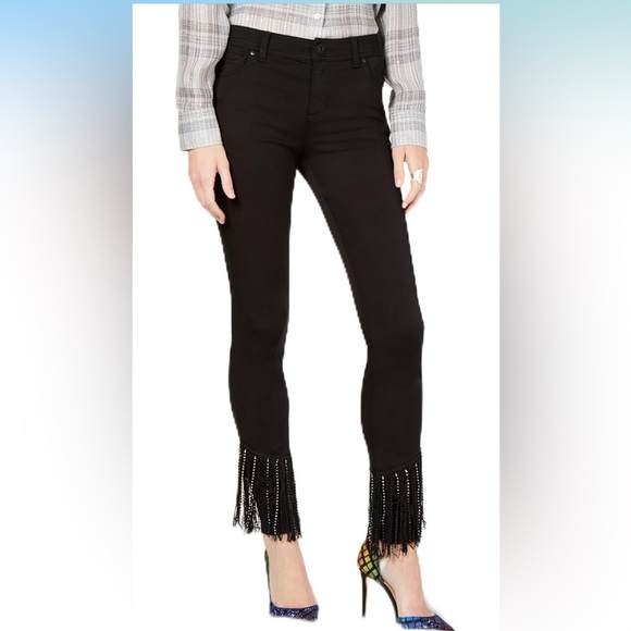 INC International Concepts Black Skinny Jeans Fringe Rhinestone Hem - Picture 2 of 6